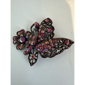 Vintage Flower Butterfly Crystal Pink Glass Marquise Gold Tone Statement Brooch